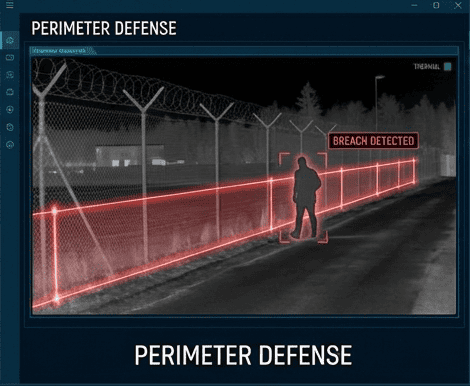 Perimeter security fence with breach detection at night for advanced security solutions.