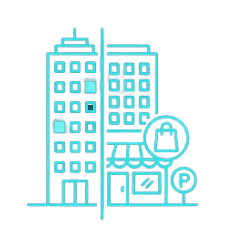 Modern high-rise office building with security features and parking indicators.
