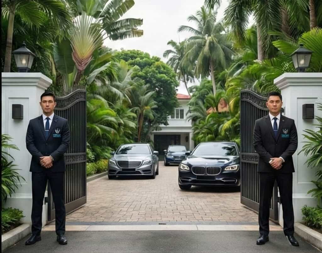 Luxury estate security with professional guards and high-end gated entrance.