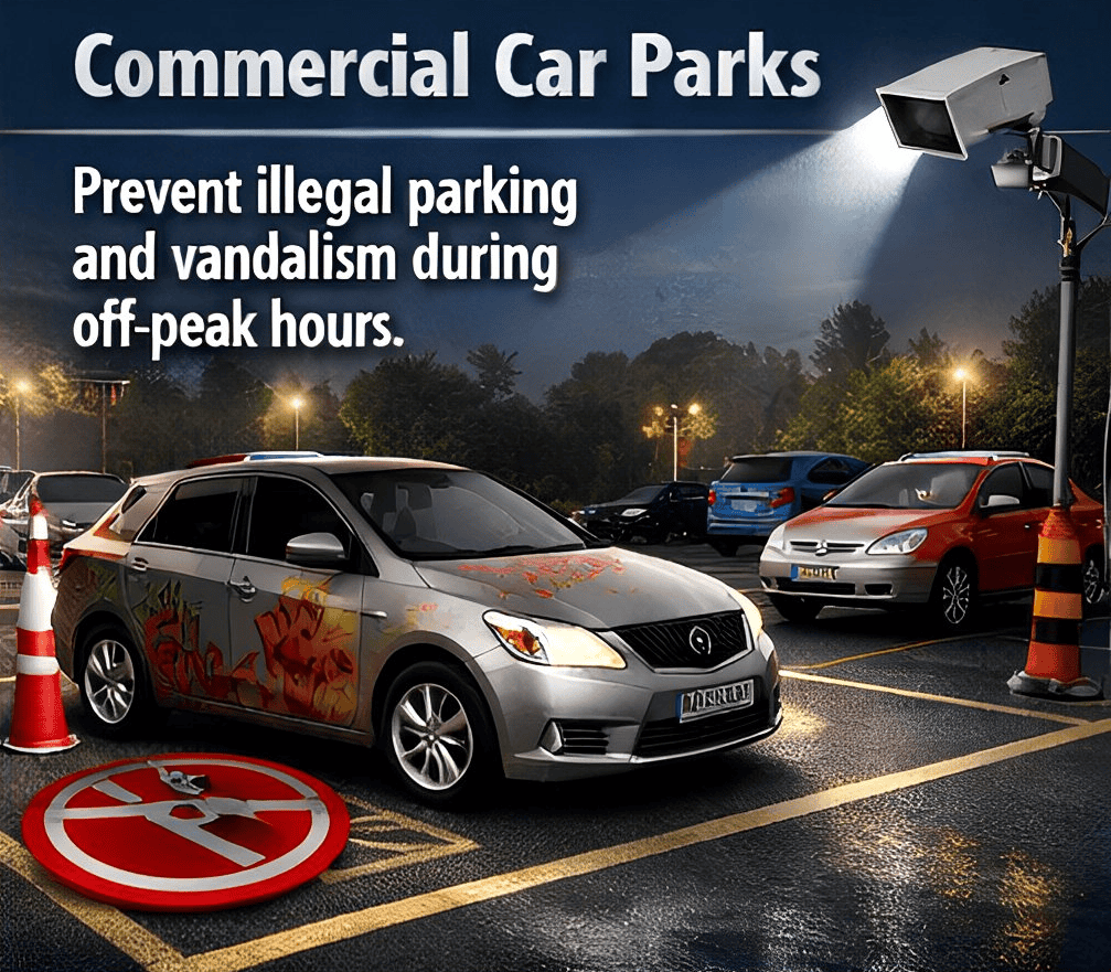 Unmarked security camera monitoring parking lot for vehicle security and vandalism prevention.