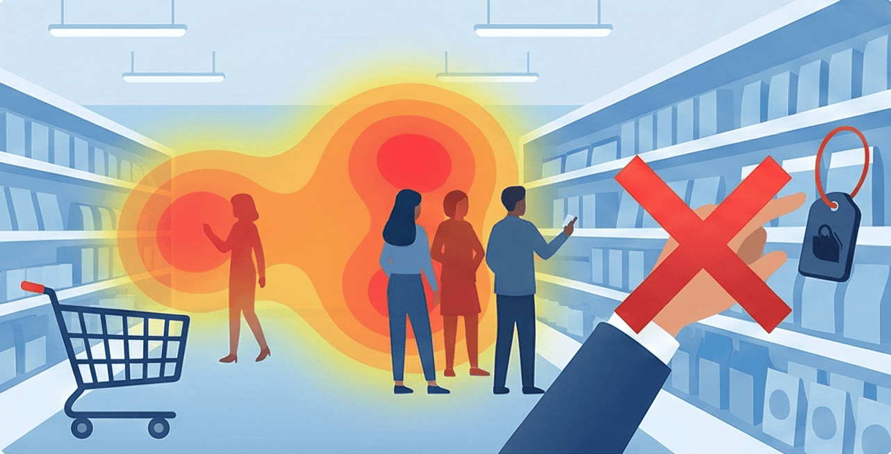 Heat detection security system monitoring supermarket aisle, protecting customers and inventory.