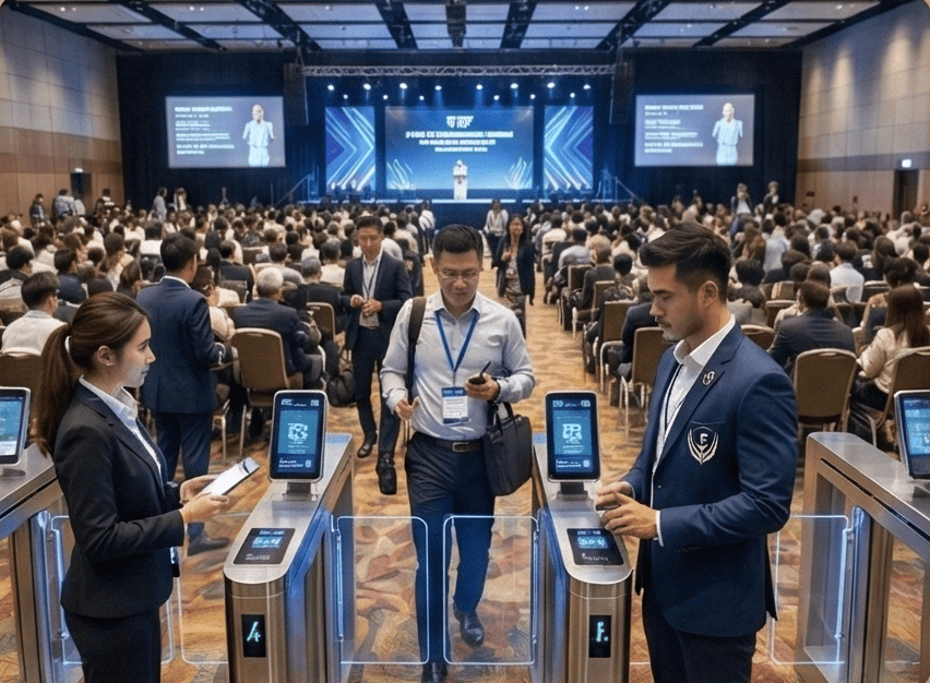 Enhanced security screening at professional conference entrance.