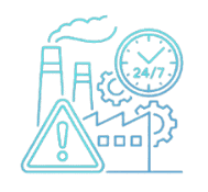 Alarm warning with factory and security clock icons, emphasizing industrial security monitoring.