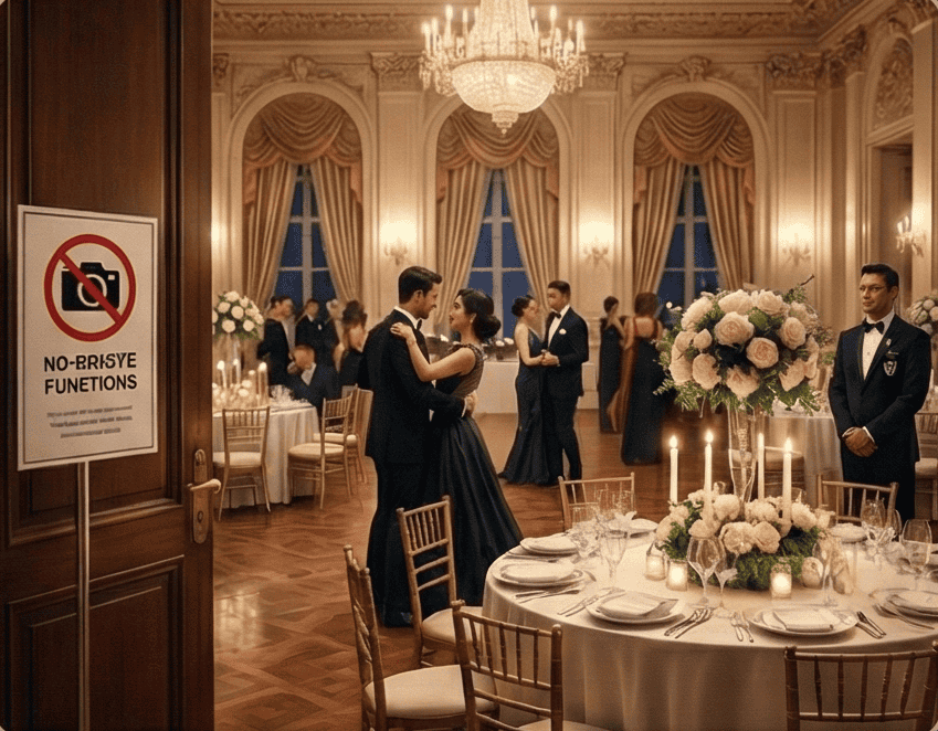 Elegant ballroom with security guards at formal event, luxurious decor, floral centerpieces, and dancing couples.