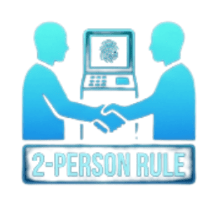 Biometric security handshake with fingerprint scanner, focus on 2-person rule and access control.