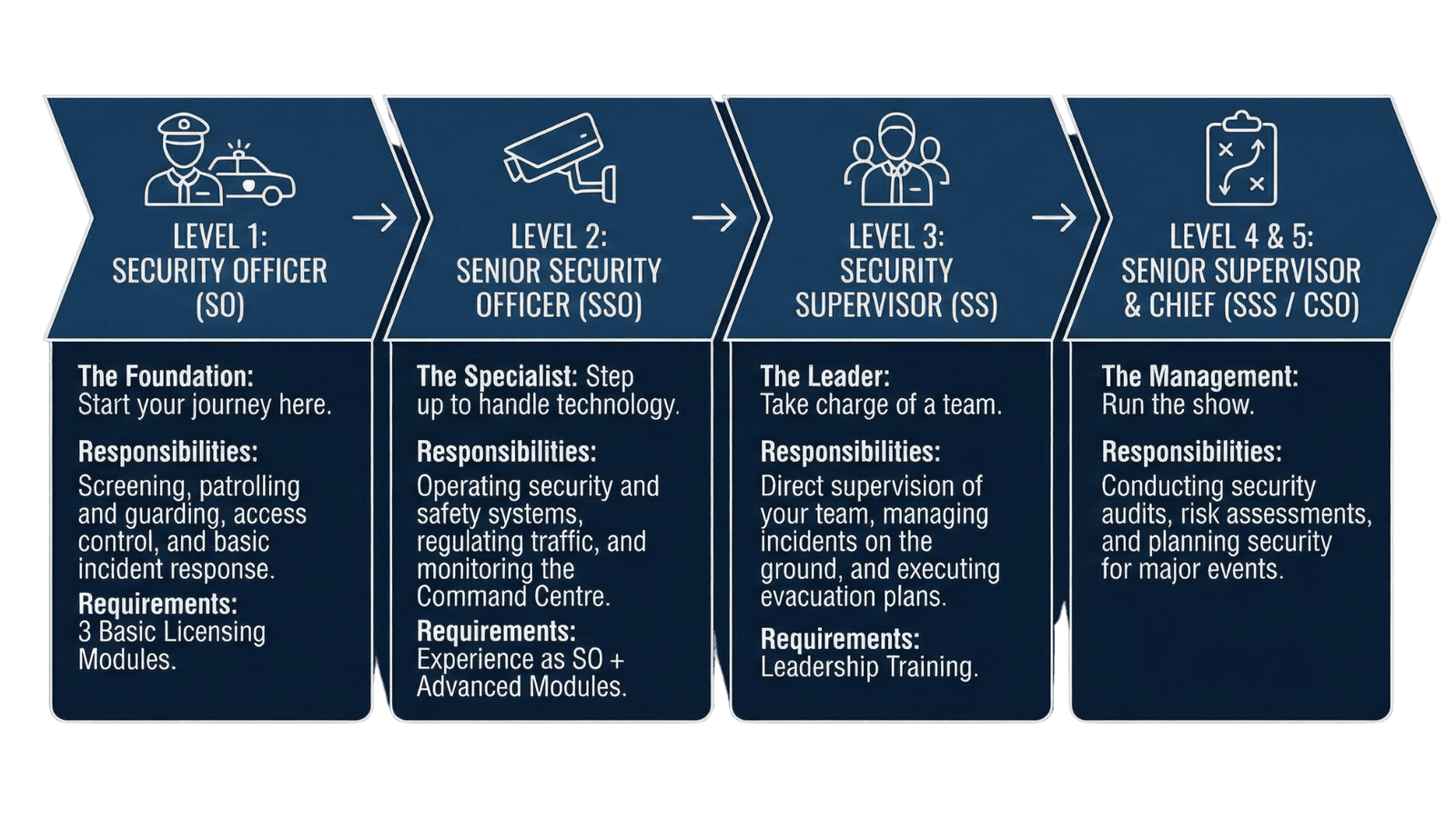 Security officer security training hierarchy infographic for Focus Group Security.