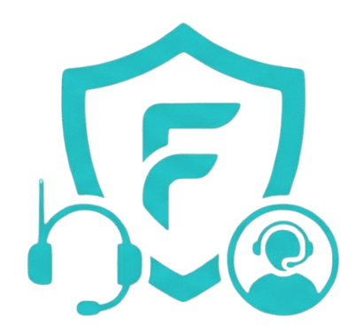 Secure security shield icon with headset and customer support symbol for Focus Group Security.