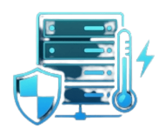 Secure server with shield and temperature indicator for enhanced cybersecurity and data protection.