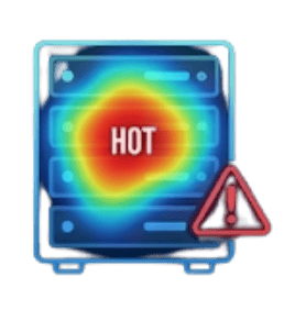 Heat map security alert with "HOT" indicator and warning triangle, emphasizing vulnerability detection.
